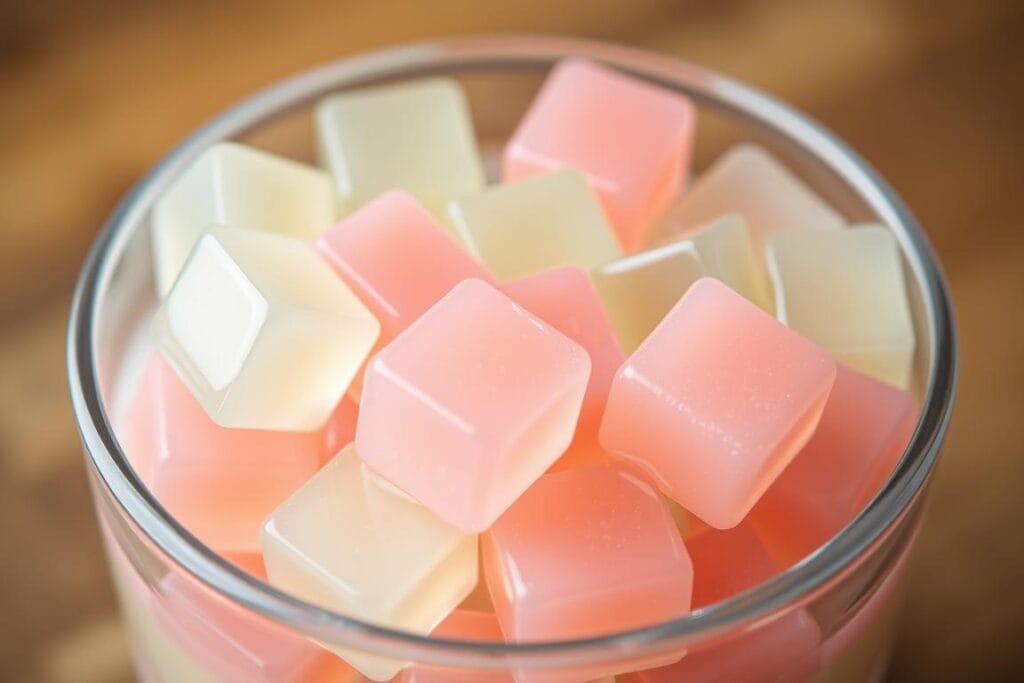 A close-up view of a glass container filled with glistening, translucent jello cubes in various pastel colors. The cubes are arranged in a neat, organized pattern, highlighting their smooth, gelatinous texture. Soft, diffused lighting from above illuminates the container, creating a warm, inviting atmosphere. The background is blurred, allowing the jello cubes to be the focal point. The angle is slightly elevated, providing a bird's-eye perspective that emphasizes the precise, meticulous preparation of these delightful jello candy melts. A close-up view of a glass container filled with glistening, translucent jello cubes in various pastel colors. The cubes are arranged in a neat, organized pattern, highlighting their smooth, gelatinous texture. Soft, diffused lighting from above illuminates the container, creating a warm, inviting atmosphere. The background is blurred, allowing the jello cubes to be the focal point. The angle is slightly elevated, providing a bird's-eye perspective that emphasizes the precise, meticulous preparation of these delightful jello candy melts.