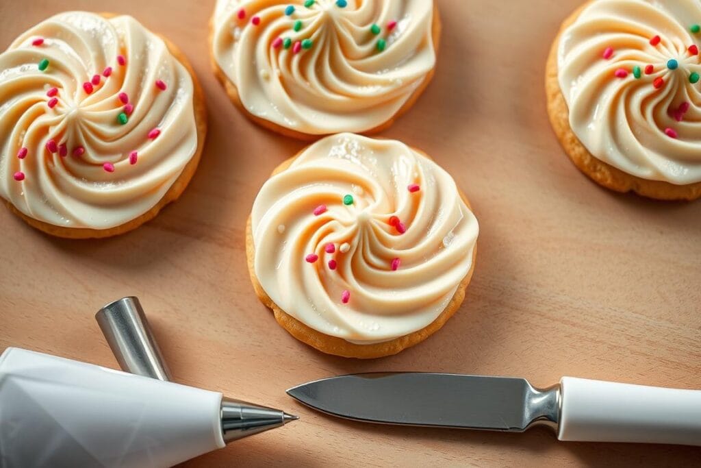 A close-up view of a light wooden surface, with a central arrangement of freshly baked sugar cookies. The cookies are adorned with a smooth, glossy frosting, each decorated with intricate piped patterns and vibrant sprinkles. The frosting has a perfect, velvety texture, reflecting the warm, directional lighting from above. In the foreground, a selection of frosting tools, such as piping bags, tips, and a butter knife, are neatly arranged, suggesting the meticulous process of creating the flawless frosting. The overall scene conveys a sense of homemade, artisanal charm, inviting the viewer to imagine the delightful taste and texture of these meticulously crafted sugar cookie treats. A close-up view of a light wooden surface, with a central arrangement of freshly baked sugar cookies. The cookies are adorned with a smooth, glossy frosting, each decorated with intricate piped patterns and vibrant sprinkles. The frosting has a perfect, velvety texture, reflecting the warm, directional lighting from above. In the foreground, a selection of frosting tools, such as piping bags, tips, and a butter knife, are neatly arranged, suggesting the meticulous process of creating the flawless frosting. The overall scene conveys a sense of homemade, artisanal charm, inviting the viewer to imagine the delightful taste and texture of these meticulously crafted sugar cookie treats.