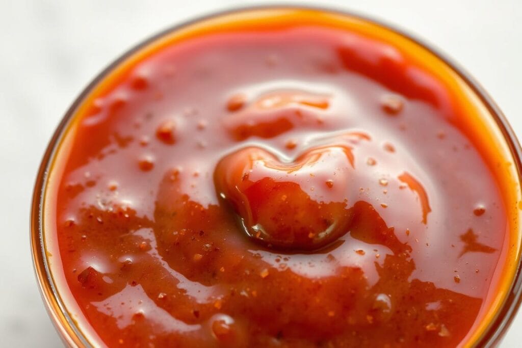 A close-up view of a small bowl filled with a thick, glossy honey-based barbecue sauce, the surface glistening under warm, diffused lighting. The sauce has a deep amber color and a velvety, slightly textured appearance, with visible flecks of spices and herbs blended throughout. The bowl is positioned on a clean, neutral-toned surface, allowing the sauce to be the focal point. The composition emphasizes the rich, inviting qualities of the homemade honey BBQ glaze, ready to be drizzled or brushed over a batch of freshly baked popcorn chicken. A close-up view of a small bowl filled with a thick, glossy honey-based barbecue sauce, the surface glistening under warm, diffused lighting. The sauce has a deep amber color and a velvety, slightly textured appearance, with visible flecks of spices and herbs blended throughout. The bowl is positioned on a clean, neutral-toned surface, allowing the sauce to be the focal point. The composition emphasizes the rich, inviting qualities of the homemade honey BBQ glaze, ready to be drizzled or brushed over a batch of freshly baked popcorn chicken.