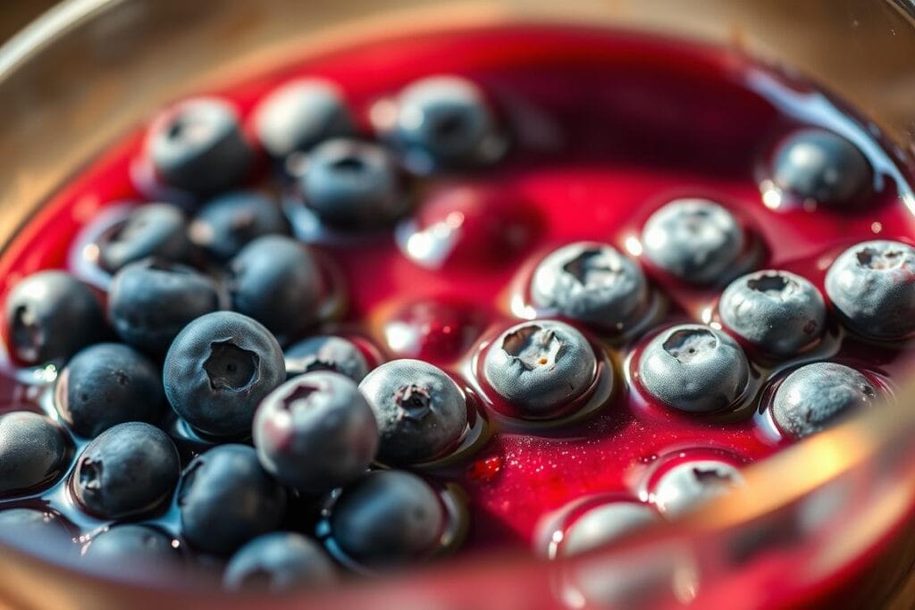 A close-up view of freshly prepared blueberry sauce in a glass bowl. In the foreground, plump, juicy blueberries are gently simmering in a thick, glossy sauce. The vibrant blue hue of the berries contrasts beautifully with the golden light illuminating the scene from the side. Soft, diffused shadows add depth and dimension. The overall mood is one of warmth, culinary artistry, and the abundance of nature's bounty. The camera angle is slightly elevated, allowing the viewer to appreciate the intricate textures and vibrant colors of the homemade blueberry topping, ready to be drizzled over a rich and creamy no-bake cheesecake. A close-up view of freshly prepared blueberry sauce in a glass bowl. In the foreground, plump, juicy blueberries are gently simmering in a thick, glossy sauce. The vibrant blue hue of the berries contrasts beautifully with the golden light illuminating the scene from the side. Soft, diffused shadows add depth and dimension. The overall mood is one of warmth, culinary artistry, and the abundance of nature's bounty. The camera angle is slightly elevated, allowing the viewer to appreciate the intricate textures and vibrant colors of the homemade blueberry topping, ready to be drizzled over a rich and creamy no-bake cheesecake.