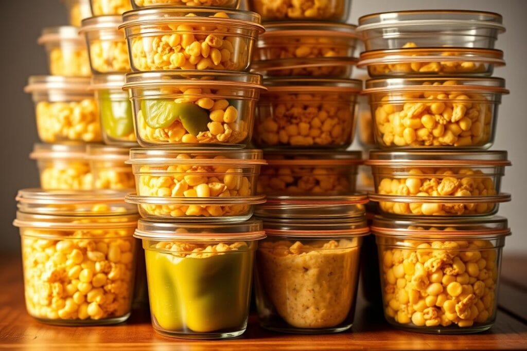 A close-up view of several neatly stacked glass containers filled with creamy, cheesy chicken and corn-stuffed poblano peppers. The peppers sit atop a wooden surface, illuminated by warm, diffuse lighting from above, casting gentle shadows. The glass lids on the containers allow the vibrant colors of the peppers to shine through. The overall scene conveys a sense of organized storage and preservation, suitable for leftovers of the delicious stuffed pepper dish. A close-up view of several neatly stacked glass containers filled with creamy, cheesy chicken and corn-stuffed poblano peppers. The peppers sit atop a wooden surface, illuminated by warm, diffuse lighting from above, casting gentle shadows. The glass lids on the containers allow the vibrant colors of the peppers to shine through. The overall scene conveys a sense of organized storage and preservation, suitable for leftovers of the delicious stuffed pepper dish.