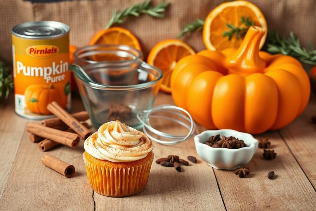 A composition of pumpkin cupcake essentials arranged on a rustic wooden table. In the foreground, a freshly baked pumpkin cupcake with swirling buttercream frosting and a sprinkling of cinnamon. Surrounding it, essential baking ingredients - a can of pumpkin puree, cinnamon sticks, a glass measuring cup, and a whisk. In the middle ground, a pumpkin-shaped ceramic dish filled with whole cloves and allspice. The background features a burlap runner, dried orange slices, and sprigs of rosemary, creating a warm, autumnal atmosphere. Soft, even lighting from an overhead source casts gentle shadows, emphasizing the textures and colors of the scene. A composition of pumpkin cupcake essentials arranged on a rustic wooden table. In the foreground, a freshly baked pumpkin cupcake with swirling buttercream frosting and a sprinkling of cinnamon. Surrounding it, essential baking ingredients - a can of pumpkin puree, cinnamon sticks, a glass measuring cup, and a whisk. In the middle ground, a pumpkin-shaped ceramic dish filled with whole cloves and allspice. The background features a burlap runner, dried orange slices, and sprigs of rosemary, creating a warm, autumnal atmosphere. Soft, even lighting from an overhead source casts gentle shadows, emphasizing the textures and colors of the scene.