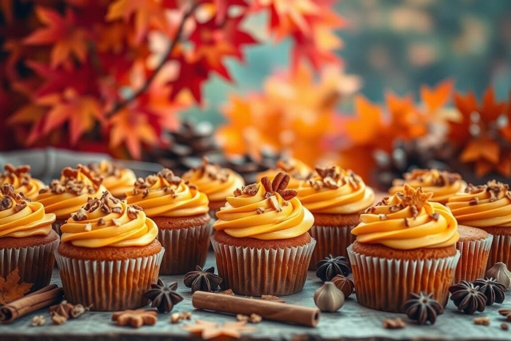 A cozy autumnal scene featuring a variety of meticulously decorated fall cupcakes. The foreground showcases an assortment of moist pumpkin cupcakes, their tops adorned with intricate piped buttercream designs in warm hues of orange, yellow, and brown. Sprinkled atop are crumbled graham crackers, chopped pecans, and delicate candied leaves. The middle ground features a scattering of cinnamon sticks, anise stars, and whole nutmegs, creating a rustic, spice-infused atmosphere. In the background, a softly blurred display of autumn foliage in vibrant reds, oranges, and golds, illuminated by warm, natural lighting, setting a festive, harvest-inspired mood. A cozy autumnal scene featuring a variety of meticulously decorated fall cupcakes. The foreground showcases an assortment of moist pumpkin cupcakes, their tops adorned with intricate piped buttercream designs in warm hues of orange, yellow, and brown. Sprinkled atop are crumbled graham crackers, chopped pecans, and delicate candied leaves. The middle ground features a scattering of cinnamon sticks, anise stars, and whole nutmegs, creating a rustic, spice-infused atmosphere. In the background, a softly blurred display of autumn foliage in vibrant reds, oranges, and golds, illuminated by warm, natural lighting, setting a festive, harvest-inspired mood.