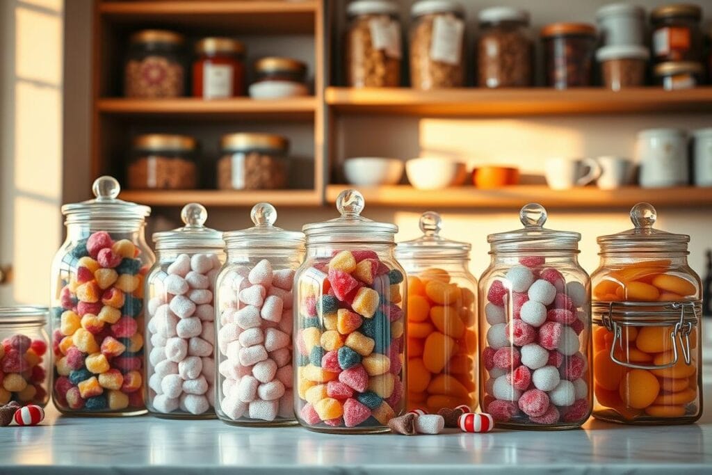 A cozy kitchen counter, adorned with delicate glass jars filled with an array of sugary treats. Soft, golden lighting casts a warm glow, highlighting the vibrant colors of the jellied candies. Crisp, clean lines of the jars create a visually appealing display, while subtle shadows add depth and dimension. The shelves behind hold neatly organized baking supplies, hinting at the care and attention put into these homemade delights. An atmosphere of comfort and craftsmanship permeates the scene, inviting the viewer to imagine the satisfying crunch and burst of sweet flavors. A cozy kitchen counter, adorned with delicate glass jars filled with an array of sugary treats. Soft, golden lighting casts a warm glow, highlighting the vibrant colors of the jellied candies. Crisp, clean lines of the jars create a visually appealing display, while subtle shadows add depth and dimension. The shelves behind hold neatly organized baking supplies, hinting at the care and attention put into these homemade delights. An atmosphere of comfort and craftsmanship permeates the scene, inviting the viewer to imagine the satisfying crunch and burst of sweet flavors.