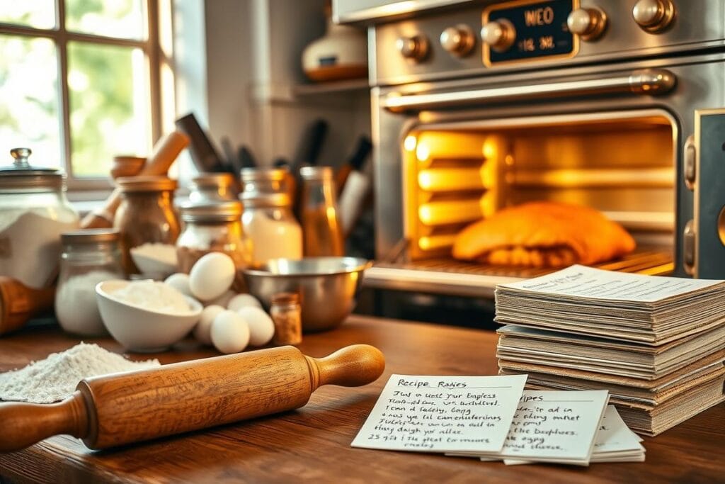A cozy kitchen counter, bathed in warm, golden light from a large window. On the counter, an array of baking essentials: flour, sugar, eggs, butter, and an assortment of spices in elegant glass jars. In the foreground, a well-worn wooden rolling pin and a pristine silver mixing bowl. In the middle ground, a stack of recipe cards, each one neatly handwritten, offering tips and techniques for the perfect bake. The background features a vintage oven with brass accents, its door slightly ajar, revealing the golden-brown crust of a freshly baked meatloaf. The overall atmosphere is one of culinary expertise, inviting the viewer to imagine the delicious results of following these baking tips. A cozy kitchen counter, bathed in warm, golden light from a large window. On the counter, an array of baking essentials: flour, sugar, eggs, butter, and an assortment of spices in elegant glass jars. In the foreground, a well-worn wooden rolling pin and a pristine silver mixing bowl. In the middle ground, a stack of recipe cards, each one neatly handwritten, offering tips and techniques for the perfect bake. The background features a vintage oven with brass accents, its door slightly ajar, revealing the golden-brown crust of a freshly baked meatloaf. The overall atmosphere is one of culinary expertise, inviting the viewer to imagine the delicious results of following these baking tips.