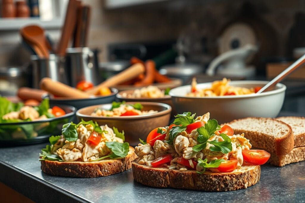 A cozy kitchen counter overflowing with a variety of appetizing leftover chicken dishes. In the foreground, a delectable chicken salad sandwich on toasted whole-grain bread, garnished with fresh greens and juicy tomato slices. In the middle ground, a hearty chicken noodle soup steaming in a ceramic bowl, accompanied by a side of crusty bread. In the background, a flavorful chicken stir-fry sizzling in a wok, surrounded by an array of colorful stir-fried vegetables. The scene is illuminated by warm, natural lighting, captured with a wide-angle lens to showcase the abundance of meal prep options. The overall atmosphere conveys a sense of culinary creativity and efficient meal planning. A cozy kitchen counter overflowing with a variety of appetizing leftover chicken dishes. In the foreground, a delectable chicken salad sandwich on toasted whole-grain bread, garnished with fresh greens and juicy tomato slices. In the middle ground, a hearty chicken noodle soup steaming in a ceramic bowl, accompanied by a side of crusty bread. In the background, a flavorful chicken stir-fry sizzling in a wok, surrounded by an array of colorful stir-fried vegetables. The scene is illuminated by warm, natural lighting, captured with a wide-angle lens to showcase the abundance of meal prep options. The overall atmosphere conveys a sense of culinary creativity and efficient meal planning.