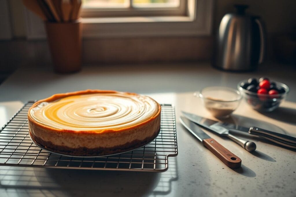 A cozy kitchen counter with a freshly baked homemade cheesecake cooling on a wire rack. Warm lighting from a nearby window casts a soft glow, highlighting the golden crust and delicate swirls on the surface. Beside the cake, a set of baking tools - a spatula, a paring knife, and a small bowl of fresh berries - are neatly arranged, offering a glimpse into the care and attention that went into its preparation. The overall scene exudes a sense of comfort and culinary expertise, inviting the viewer to imagine the tantalizing flavors and textures of this homemade delight. A cozy kitchen counter with a freshly baked homemade cheesecake cooling on a wire rack. Warm lighting from a nearby window casts a soft glow, highlighting the golden crust and delicate swirls on the surface. Beside the cake, a set of baking tools - a spatula, a paring knife, and a small bowl of fresh berries - are neatly arranged, offering a glimpse into the care and attention that went into its preparation. The overall scene exudes a sense of comfort and culinary expertise, inviting the viewer to imagine the tantalizing flavors and textures of this homemade delight.