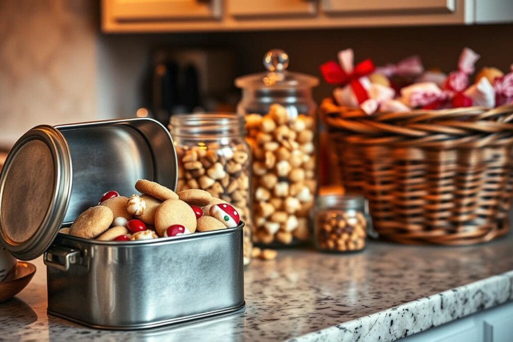 A cozy kitchen counter with an assortment of holiday treat storage containers and jars. In the foreground, a vintage metal tin filled with homemade cookies and holiday candies, its lid slightly ajar to reveal the festive contents. In the middle ground, a glass apothecary jar contains crisp caramel popcorn, its contents sparkling under warm, soft lighting. On the far end, a wicker basket holds individually wrapped treats, ready to be gifted or enjoyed. The scene is bathed in a warm, golden glow, creating a inviting, nostalgic atmosphere perfect for preserving the freshness of cherished holiday snacks. A cozy kitchen counter with an assortment of holiday treat storage containers and jars. In the foreground, a vintage metal tin filled with homemade cookies and holiday candies, its lid slightly ajar to reveal the festive contents. In the middle ground, a glass apothecary jar contains crisp caramel popcorn, its contents sparkling under warm, soft lighting. On the far end, a wicker basket holds individually wrapped treats, ready to be gifted or enjoyed. The scene is bathed in a warm, golden glow, creating a inviting, nostalgic atmosphere perfect for preserving the freshness of cherished holiday snacks.