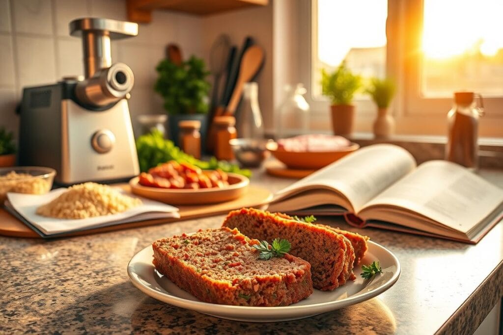 A cozy kitchen countertop, bathed in warm, golden light from a large window. Atop the counter, various kitchen tools and ingredients are artfully arranged - a meat grinder, a mixing bowl filled with breadcrumbs, an array of herbs and spices, a slab of ground beef, and an open recipe book. In the foreground, a plate with a generous slice of a savory, golden-brown meatloaf, garnished with fresh parsley. The atmosphere conveys a sense of homely comfort and culinary experimentation, inviting the viewer to explore the endless possibilities of customizing and enhancing this classic dish. A cozy kitchen countertop, bathed in warm, golden light from a large window. Atop the counter, various kitchen tools and ingredients are artfully arranged - a meat grinder, a mixing bowl filled with breadcrumbs, an array of herbs and spices, a slab of ground beef, and an open recipe book. In the foreground, a plate with a generous slice of a savory, golden-brown meatloaf, garnished with fresh parsley. The atmosphere conveys a sense of homely comfort and culinary experimentation, inviting the viewer to explore the endless possibilities of customizing and enhancing this classic dish.