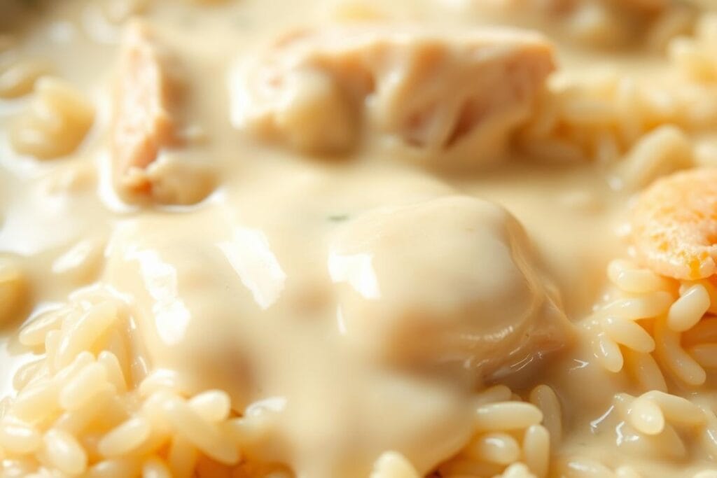 A creamy, glossy sauce with a smooth, silky texture, gently coating tender chicken and fluffy rice grains. The sauce is made with a blend of low-fat milk, tangy Greek yogurt, and a hint of Parmesan, creating a rich, decadent flavor without the heavy cream. Soft natural lighting highlights the sauce's subtle sheen, while a shallow depth of field keeps the focus on the foreground. The overall scene conveys a sense of wholesome, nourishing indulgence, perfectly complementing the healthy casserole dish. A creamy, glossy sauce with a smooth, silky texture, gently coating tender chicken and fluffy rice grains. The sauce is made with a blend of low-fat milk, tangy Greek yogurt, and a hint of Parmesan, creating a rich, decadent flavor without the heavy cream. Soft natural lighting highlights the sauce's subtle sheen, while a shallow depth of field keeps the focus on the foreground. The overall scene conveys a sense of wholesome, nourishing indulgence, perfectly complementing the healthy casserole dish.