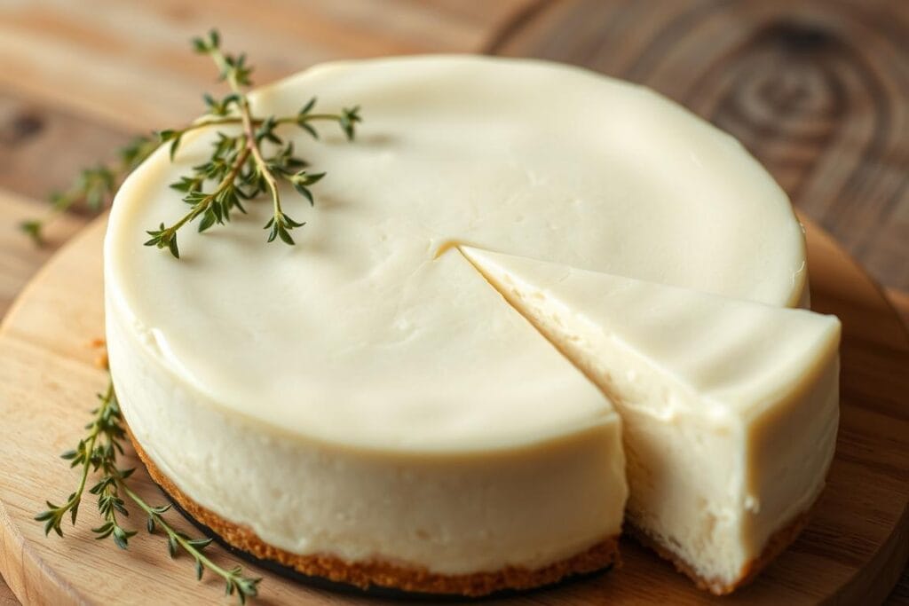 A creamy, homemade cheesecake sits on a wooden surface, its smooth surface glistening under the soft, natural lighting. The cake is unadorned, allowing its simplicity to shine. Delicate cracks along the top hint at the rich, dense texture within. Surrounding the cake are a few fresh sprigs of thyme, their earthy aroma complementing the decadent dairy flavors. The scene exudes a sense of rustic elegance, inviting the viewer to imagine the first indulgent bite of this heavenly confection. A creamy, homemade cheesecake sits on a wooden surface, its smooth surface glistening under the soft, natural lighting. The cake is unadorned, allowing its simplicity to shine. Delicate cracks along the top hint at the rich, dense texture within. Surrounding the cake are a few fresh sprigs of thyme, their earthy aroma complementing the decadent dairy flavors. The scene exudes a sense of rustic elegance, inviting the viewer to imagine the first indulgent bite of this heavenly confection.