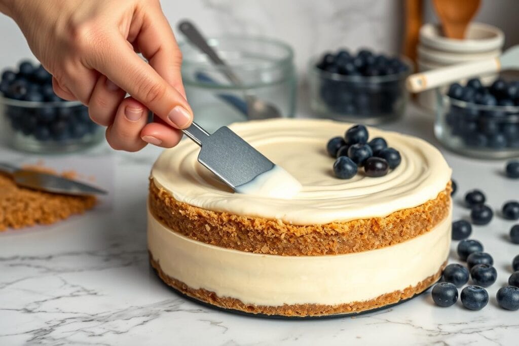 A creamy, no-bake blueberry cheesecake assembly unfolds on a marble countertop. In the foreground, a chef's hand carefully layers graham cracker crumbs, rich cream cheese filling, and a vibrant blueberry compote. Precise spatula strokes create smooth, even textures. Overhead lighting casts a soft, even glow, highlighting the luscious layers. In the background, an assortment of baking tools and fresh blueberries sit neatly arranged, complementing the assembly process. The overall scene conveys a sense of delicate, professional technique in crafting this decadent, no-bake dessert. A creamy, no-bake blueberry cheesecake assembly unfolds on a marble countertop. In the foreground, a chef's hand carefully layers graham cracker crumbs, rich cream cheese filling, and a vibrant blueberry compote. Precise spatula strokes create smooth, even textures. Overhead lighting casts a soft, even glow, highlighting the luscious layers. In the background, an assortment of baking tools and fresh blueberries sit neatly arranged, complementing the assembly process. The overall scene conveys a sense of delicate, professional technique in crafting this decadent, no-bake dessert.