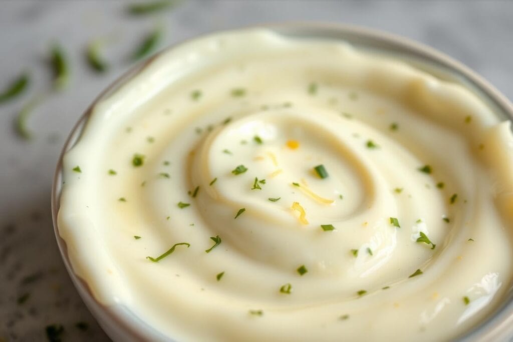 A creamy, pale-yellow yogurt-based sauce with crushed garlic, fresh herbs, and a hint of lemon zest. The sauce is gently swirled in a shallow bowl, with a silky, smooth texture that catches the light. The foreground is in sharp focus, with tiny flecks of green herbs and a slight sheen from the yogurt. The background is softly blurred, creating a minimalist, culinary setting that allows the sauce to be the star of the image. A creamy, pale-yellow yogurt-based sauce with crushed garlic, fresh herbs, and a hint of lemon zest. The sauce is gently swirled in a shallow bowl, with a silky, smooth texture that catches the light. The foreground is in sharp focus, with tiny flecks of green herbs and a slight sheen from the yogurt. The background is softly blurred, creating a minimalist, culinary setting that allows the sauce to be the star of the image.