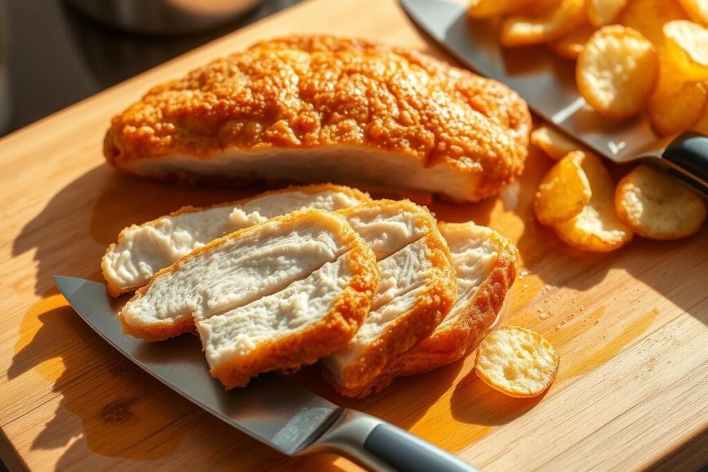 A crisp, golden-brown chicken breast, freshly fried to perfection, rests on a wooden cutting board. Droplets of hot oil sizzle as the meat is sliced, revealing its juicy, tender interior. Beside it, a pile of freshly fried potato chips, their edges crunchy and their centers fluffy, await to be seasoned. The scene is bathed in warm, natural lighting, casting soft shadows and highlighting the textures of the ingredients. A stainless steel knife lies nearby, ready to continue the preparation process. The overall atmosphere is one of culinary mastery, inviting the viewer to imagine the mouthwatering flavors and satisfying crunch of this delectable dish. A crisp, golden-brown chicken breast, freshly fried to perfection, rests on a wooden cutting board. Droplets of hot oil sizzle as the meat is sliced, revealing its juicy, tender interior. Beside it, a pile of freshly fried potato chips, their edges crunchy and their centers fluffy, await to be seasoned. The scene is bathed in warm, natural lighting, casting soft shadows and highlighting the textures of the ingredients. A stainless steel knife lies nearby, ready to continue the preparation process. The overall atmosphere is one of culinary mastery, inviting the viewer to imagine the mouthwatering flavors and satisfying crunch of this delectable dish.