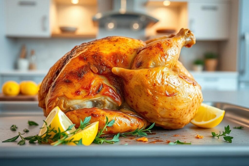 A crispy, golden-brown baked chicken sitting atop a baking sheet, the skin perfectly crisped and glistening under soft, diffused lighting. The middle-ground features a scattering of fresh herbs and lemon wedges, adding vibrant pops of color and aromatics. In the background, the interior of a modern, minimalist kitchen can be seen, with clean lines and a neutral color palette that enhances the focus on the star of the dish. The overall scene conveys a sense of culinary artistry and the mouthwatering anticipation of a delicious, home-cooked meal. A crispy, golden-brown baked chicken sitting atop a baking sheet, the skin perfectly crisped and glistening under soft, diffused lighting. The middle-ground features a scattering of fresh herbs and lemon wedges, adding vibrant pops of color and aromatics. In the background, the interior of a modern, minimalist kitchen can be seen, with clean lines and a neutral color palette that enhances the focus on the star of the dish. The overall scene conveys a sense of culinary artistry and the mouthwatering anticipation of a delicious, home-cooked meal.