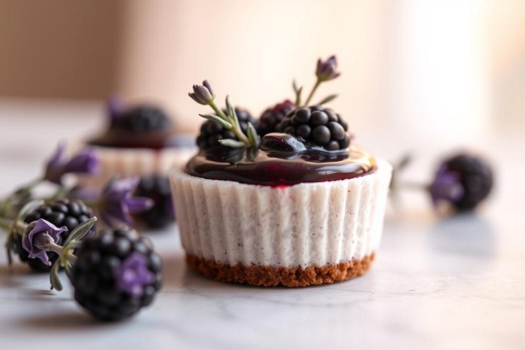 A decadent, bite-sized blackberry lavender cheesecake, set against a soft, hazy background. The smooth, creamy center is crowned with a glistening layer of blackberry compote, accented by delicate sprigs of fresh lavender. Backlighting casts a warm, ethereal glow, highlighting the dessert's alluring texture and luxurious presentation. The camera angle is slightly elevated, giving an enticing, close-up view of the tempting treat. Soft, diffused lighting creates a cozy, inviting atmosphere, drawing the viewer in to savor the exquisite flavors and delightful mouthfeel of this irresistible dessert. A decadent, bite-sized blackberry lavender cheesecake, set against a soft, hazy background. The smooth, creamy center is crowned with a glistening layer of blackberry compote, accented by delicate sprigs of fresh lavender. Backlighting casts a warm, ethereal glow, highlighting the dessert's alluring texture and luxurious presentation. The camera angle is slightly elevated, giving an enticing, close-up view of the tempting treat. Soft, diffused lighting creates a cozy, inviting atmosphere, drawing the viewer in to savor the exquisite flavors and delightful mouthfeel of this irresistible dessert.