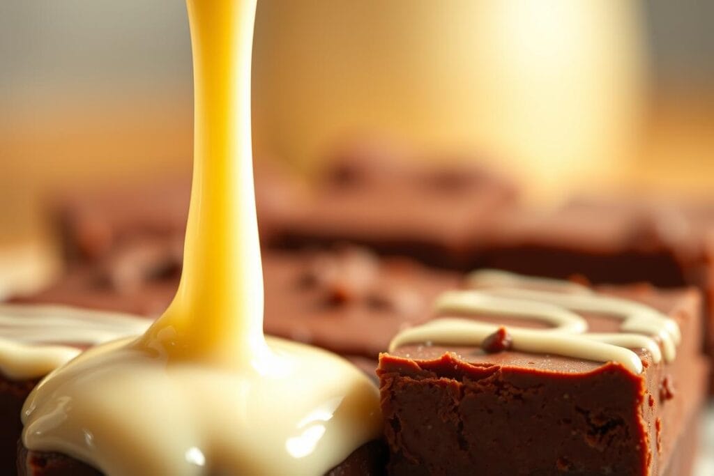 A decadent close-up of sweetened condensed milk drizzled over a homemade chocolate fudge dessert. The luscious, creamy milk is in the foreground, glistening under soft, warm lighting that casts a cozy, inviting atmosphere. In the middle ground, the rich, velvety fudge is meticulously crafted, its deep brown hues contrasting beautifully with the milky white of the condensed milk. The background is softly blurred, allowing the star ingredients to take center stage. This image perfectly captures the indulgent role of sweetened condensed milk in creating a truly heavenly homemade dessert.