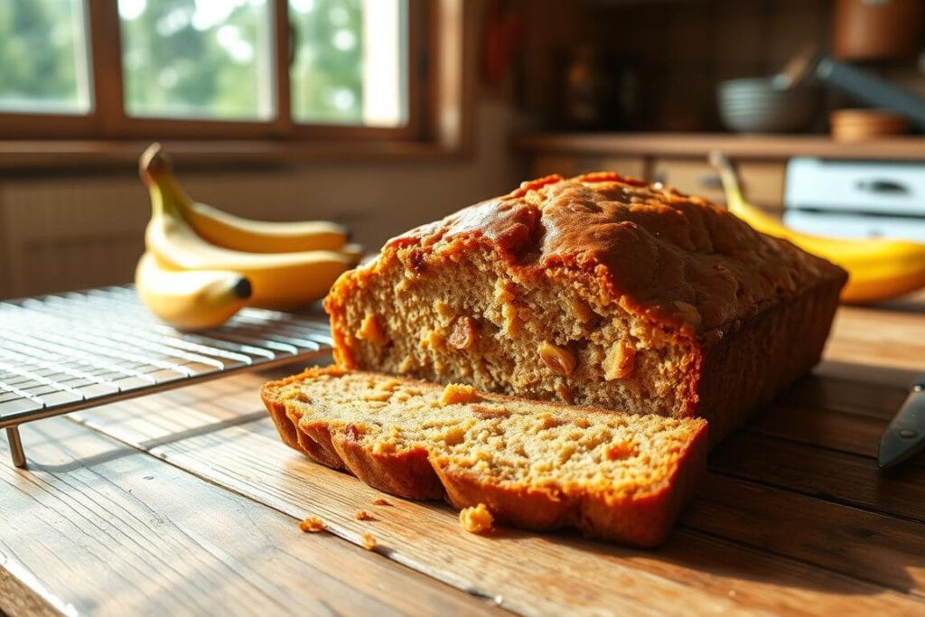 A delectable Hawaiian-inspired banana bread, fresh from the oven, rests on a rustic wooden table. The loaf is golden-brown, its top glistening with a hint of glaze. Slices are neatly arranged, revealing the moist, tender crumb within, dotted with juicy banana chunks and the subtle warmth of cinnamon. Sunlight filters in through a large window, casting a warm, natural glow over the scene. The atmosphere is cozy and inviting, evoking the laidback charm of a Hawaiian kitchen. A wire cooling rack and a few ripe bananas complete the homespun, artisanal presentation. A delectable Hawaiian-inspired banana bread, fresh from the oven, rests on a rustic wooden table. The loaf is golden-brown, its top glistening with a hint of glaze. Slices are neatly arranged, revealing the moist, tender crumb within, dotted with juicy banana chunks and the subtle warmth of cinnamon. Sunlight filters in through a large window, casting a warm, natural glow over the scene. The atmosphere is cozy and inviting, evoking the laidback charm of a Hawaiian kitchen. A wire cooling rack and a few ripe bananas complete the homespun, artisanal presentation.