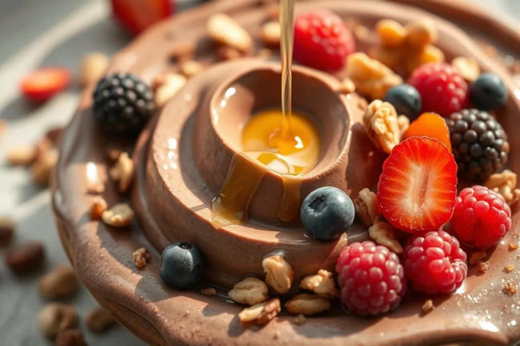 A delectable arrangement of a creamy, nutrient-dense chocolate nice cream, adorned with a scattering of vibrant berries, crunchy nuts, and a drizzle of honey. The smooth, velvety texture of the nice cream is illuminated by soft, natural lighting, casting a warm, inviting glow. The composition is balanced, with the creamy center framed by the colorful toppings, creating a visually appealing and appetizing scene. The overall mood is one of health, indulgence, and a celebration of wholesome, delicious treats. A delectable arrangement of a creamy, nutrient-dense chocolate nice cream, adorned with a scattering of vibrant berries, crunchy nuts, and a drizzle of honey. The smooth, velvety texture of the nice cream is illuminated by soft, natural lighting, casting a warm, inviting glow. The composition is balanced, with the creamy center framed by the colorful toppings, creating a visually appealing and appetizing scene. The overall mood is one of health, indulgence, and a celebration of wholesome, delicious treats.