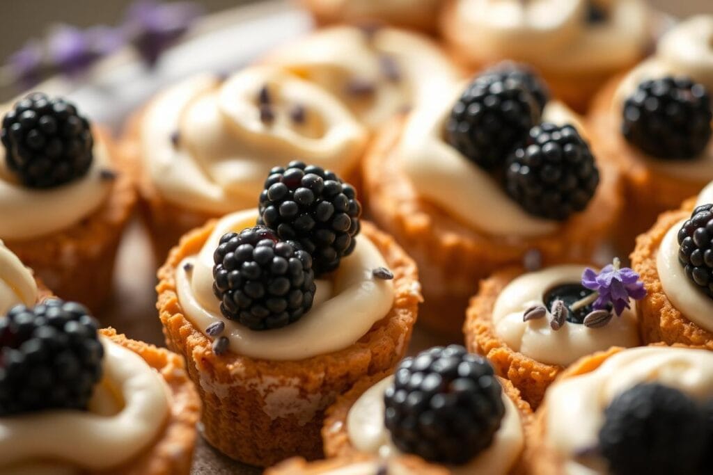 A delectable arrangement of bite-sized cheesecakes, adorned with glistening blackberries and sprinkled with delicate lavender buds. The creamy, cloud-like filling rests atop a buttery graham cracker crust, beckoning to be savored. Soft, indirect lighting casts a warm, inviting glow, drawing the viewer's attention to the intricate textures and vibrant colors. The cheesecakes are captured from a slightly elevated angle, allowing the viewer to fully appreciate the curvaceous silhouettes and the tantalizing details. An atmosphere of refined indulgence and artisanal craftsmanship pervades the scene, enticing the senses and inviting the observer to imagine the delightful flavors. A delectable arrangement of bite-sized cheesecakes, adorned with glistening blackberries and sprinkled with delicate lavender buds. The creamy, cloud-like filling rests atop a buttery graham cracker crust, beckoning to be savored. Soft, indirect lighting casts a warm, inviting glow, drawing the viewer's attention to the intricate textures and vibrant colors. The cheesecakes are captured from a slightly elevated angle, allowing the viewer to fully appreciate the curvaceous silhouettes and the tantalizing details. An atmosphere of refined indulgence and artisanal craftsmanship pervades the scene, enticing the senses and inviting the observer to imagine the delightful flavors.