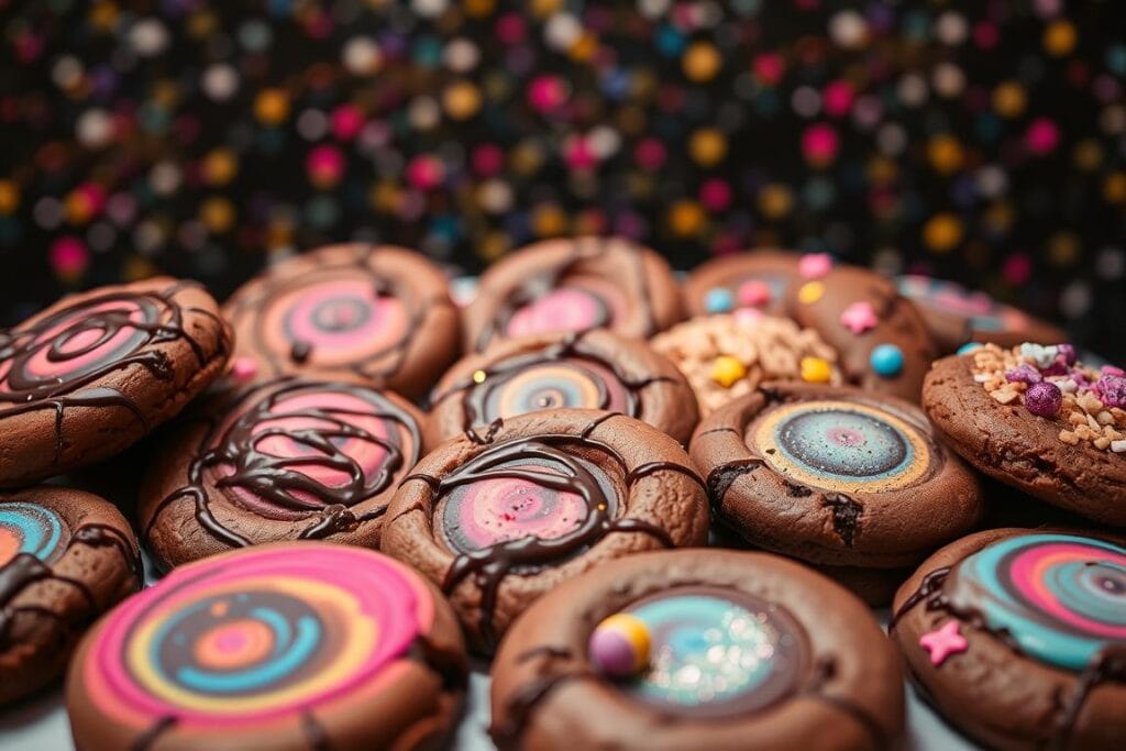 A delectable arrangement of cosmic brownie cookies, each a unique variation on the classic treat. In the foreground, an assortment of fudgy, celestial-inspired cookies - some swirled with vibrant cosmic patterns, others dotted with shimmering edible glitter. The middle ground features a mix of textures, from soft and chewy to crisp and crumbly, all complemented by a drizzle of rich chocolate ganache. In the background, a constellation of sprinkled toppings, from crushed graham crackers to vibrant edible stars, creates a whimsical, out-of-this-world scene. The lighting is warm and inviting, casting a glow that enhances the cookies' decadent appearance. Captured with a shallow depth of field, the focus draws the viewer's attention to the mouthwatering details of these celestial treats. A delectable arrangement of cosmic brownie cookies, each a unique variation on the classic treat. In the foreground, an assortment of fudgy, celestial-inspired cookies - some swirled with vibrant cosmic patterns, others dotted with shimmering edible glitter. The middle ground features a mix of textures, from soft and chewy to crisp and crumbly, all complemented by a drizzle of rich chocolate ganache. In the background, a constellation of sprinkled toppings, from crushed graham crackers to vibrant edible stars, creates a whimsical, out-of-this-world scene. The lighting is warm and inviting, casting a glow that enhances the cookies' decadent appearance. Captured with a shallow depth of field, the focus draws the viewer's attention to the mouthwatering details of these celestial treats.