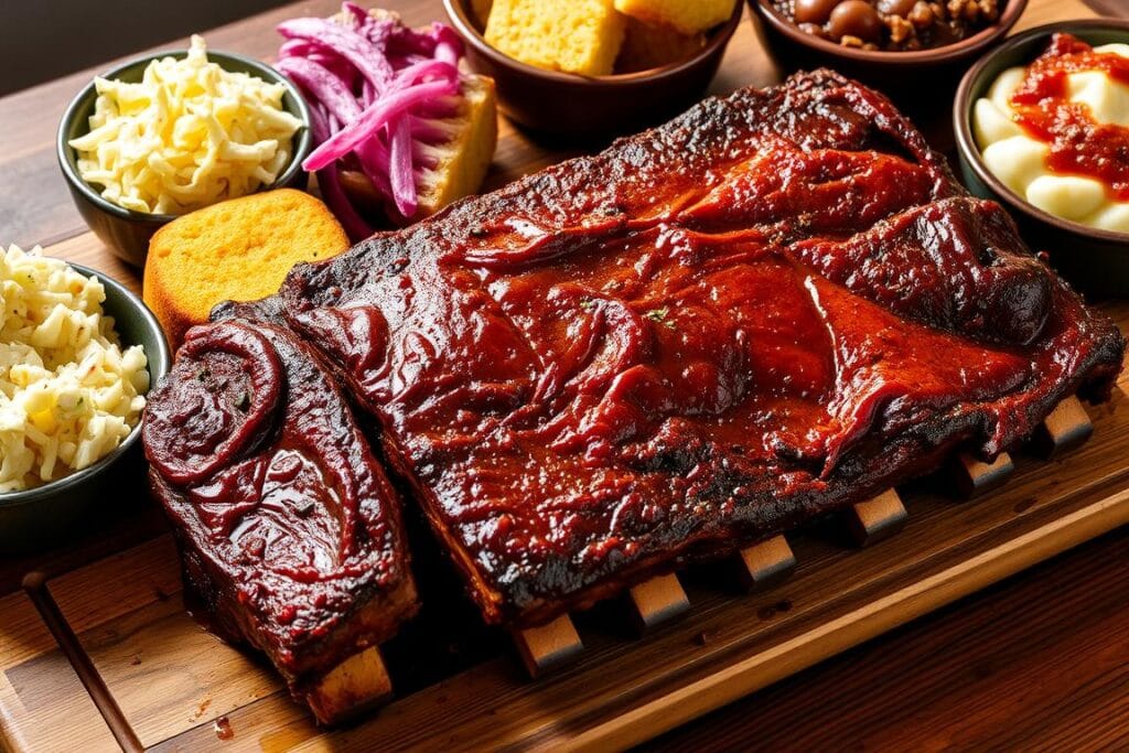 A delectable arrangement of tender, smoked beef short ribs rests on a wooden table, accompanied by a selection of vibrant side dishes. The ribs, glistening with a caramelized glaze, emit a tantalizing aroma that fills the air. Surrounding the ribs are an array of complementary elements: crisp coleslaw, fluffy cornbread, and a side of creamy mashed potatoes, all bathed in a warm, natural lighting that casts a cozy ambiance. The scene evokes a sense of rustic elegance, inviting the viewer to imagine the satisfying flavors and textures of this mouthwatering meal. A delectable arrangement of tender, smoked beef short ribs rests on a wooden table, accompanied by a selection of vibrant side dishes. The ribs, glistening with a caramelized glaze, emit a tantalizing aroma that fills the air. Surrounding the ribs are an array of complementary elements: crisp coleslaw, fluffy cornbread, and a side of creamy mashed potatoes, all bathed in a warm, natural lighting that casts a cozy ambiance. The scene evokes a sense of rustic elegance, inviting the viewer to imagine the satisfying flavors and textures of this mouthwatering meal.