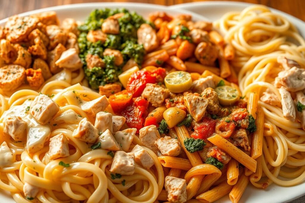 A delectable array of chicken pasta variations, each dish a sumptuous symphony of flavors. In the foreground, creamy Alfredo sauce coats al dente fettuccine, dotted with tender chunks of rotisserie-roasted chicken. Beside it, a vibrant pesto-dressed penne pasta, the fragrant herbs and garlic complementing the juicy poultry. In the middle ground, a rich, tomato-based chicken cacciatore, the succulent meat nestled among spiraled fusilli. The background features a light and lemony chicken piccata, the tart caper-studded sauce coating silky linguine. Warm, golden lighting casts a inviting glow, highlighting the varied textures and enticing colors of this delightful pasta spread. Captured with a wide-angle lens to showcase the bountiful array, this image captures the mouthwatering potential of chicken-based pasta dishes. A delectable array of chicken pasta variations, each dish a sumptuous symphony of flavors. In the foreground, creamy Alfredo sauce coats al dente fettuccine, dotted with tender chunks of rotisserie-roasted chicken. Beside it, a vibrant pesto-dressed penne pasta, the fragrant herbs and garlic complementing the juicy poultry. In the middle ground, a rich, tomato-based chicken cacciatore, the succulent meat nestled among spiraled fusilli. The background features a light and lemony chicken piccata, the tart caper-studded sauce coating silky linguine. Warm, golden lighting casts a inviting glow, highlighting the varied textures and enticing colors of this delightful pasta spread. Captured with a wide-angle lens to showcase the bountiful array, this image captures the mouthwatering potential of chicken-based pasta dishes.