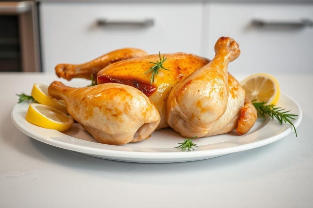 A delectable baked chicken dish, freshly served on a pristine white platter. The golden-brown exterior glistens under soft, even lighting, hinting at the juicy, tender meat within. The chicken is elegantly presented, with sprigs of fresh rosemary and lemon wedges artfully arranged around the plate, adding a touch of rustic charm. The background is a clean, minimalist kitchen counter, allowing the main subject to take center stage. A sense of culinary professionalism and appetizing allure permeates the scene, inviting the viewer to imagine the satisfying flavors and aromas of this comforting, yet sophisticated baked chicken meal. A delectable baked chicken dish, freshly served on a pristine white platter. The golden-brown exterior glistens under soft, even lighting, hinting at the juicy, tender meat within. The chicken is elegantly presented, with sprigs of fresh rosemary and lemon wedges artfully arranged around the plate, adding a touch of rustic charm. The background is a clean, minimalist kitchen counter, allowing the main subject to take center stage. A sense of culinary professionalism and appetizing allure permeates the scene, inviting the viewer to imagine the satisfying flavors and aromas of this comforting, yet sophisticated baked chicken meal.