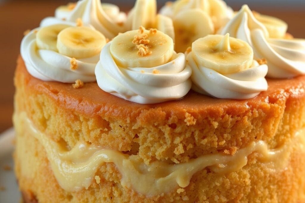A delectable banana pudding poke cake, its golden-brown surface glistening under soft, warm lighting. The cake's moist, spongy texture is accentuated by the rich, creamy banana pudding that has been poked throughout, creating a decadent, swirling pattern. Dollops of freshly whipped cream crown the cake, complemented by sliced ripe bananas and a light dusting of crushed graham crackers. The overall composition evokes a homemade, comforting aesthetic, inviting the viewer to indulge in this indulgent, layered dessert. A delectable banana pudding poke cake, its golden-brown surface glistening under soft, warm lighting. The cake's moist, spongy texture is accentuated by the rich, creamy banana pudding that has been poked throughout, creating a decadent, swirling pattern. Dollops of freshly whipped cream crown the cake, complemented by sliced ripe bananas and a light dusting of crushed graham crackers. The overall composition evokes a homemade, comforting aesthetic, inviting the viewer to indulge in this indulgent, layered dessert.