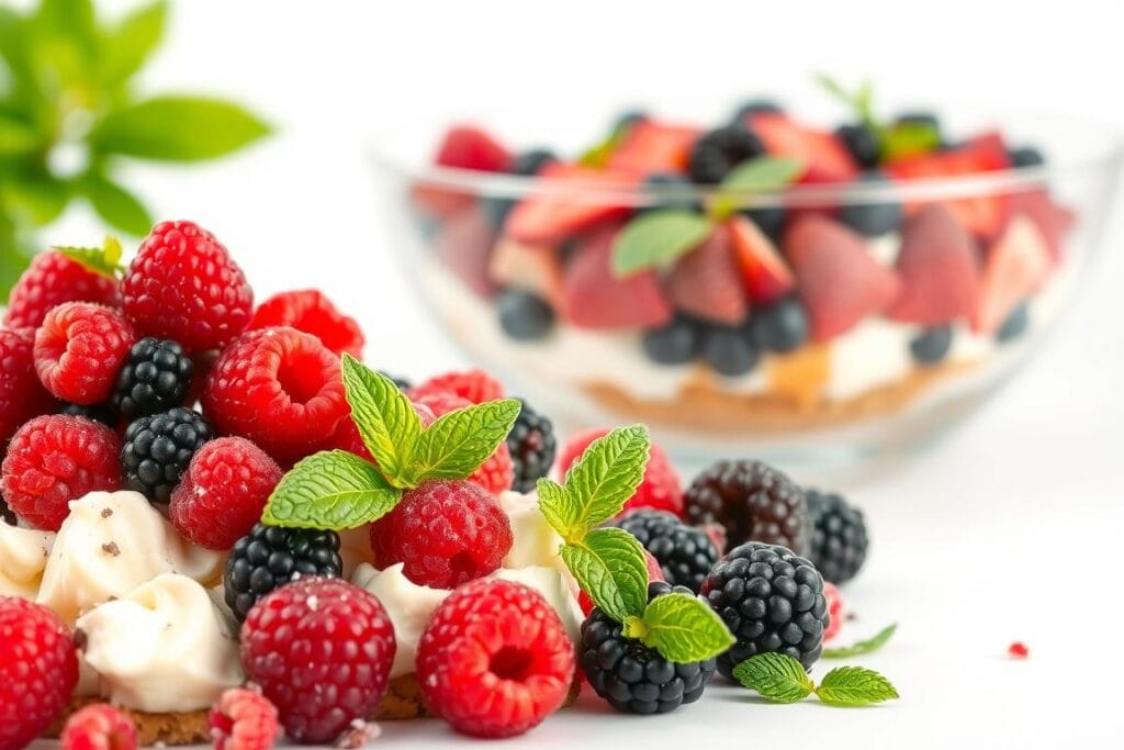 A delectable berry cheesecake salad set against a crisp white background, capturing the essence of summer. In the foreground, a generous serving of the salad features a luscious blend of creamy cheesecake, plump raspberries, juicy blackberries, and a scattering of fresh mint leaves. The middle ground showcases the salad in a shallow glass bowl, its layers beautifully visible. The background is softly lit, creating a bright and airy atmosphere that enhances the vibrant colors of the fruit. The overall composition exudes a sense of indulgence and refreshment, perfectly capturing the allure of this irresistible summer dessert.