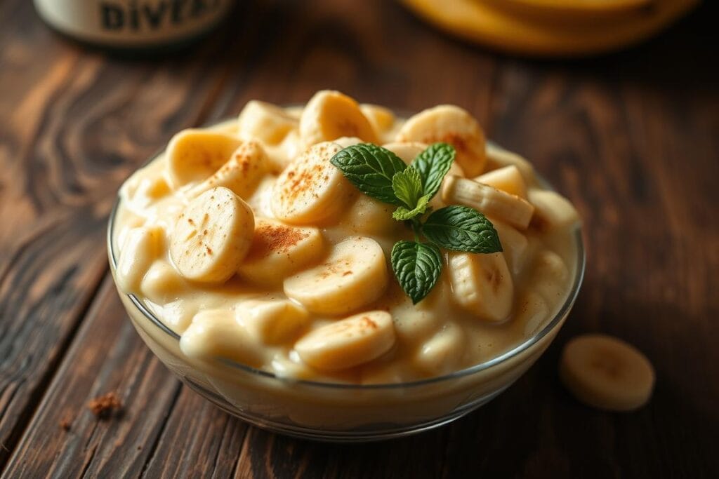 A delectable, creamy banana pudding dessert sits on a rustic wooden table, bathed in soft, warm lighting. The pudding has a luscious texture, with generous chunks of fresh banana folded into the smooth custard. Nilla wafers are layered throughout, providing a delightful crunch. A light dusting of cinnamon and a sprig of fresh mint add the finishing touches, creating a visually appealing and appetizing scene. The overall mood is one of comfort and indulgence, perfectly capturing the essence of a homemade, Southern-style banana pudding. A delectable, creamy banana pudding dessert sits on a rustic wooden table, bathed in soft, warm lighting. The pudding has a luscious texture, with generous chunks of fresh banana folded into the smooth custard. Nilla wafers are layered throughout, providing a delightful crunch. A light dusting of cinnamon and a sprig of fresh mint add the finishing touches, creating a visually appealing and appetizing scene. The overall mood is one of comfort and indulgence, perfectly capturing the essence of a homemade, Southern-style banana pudding.