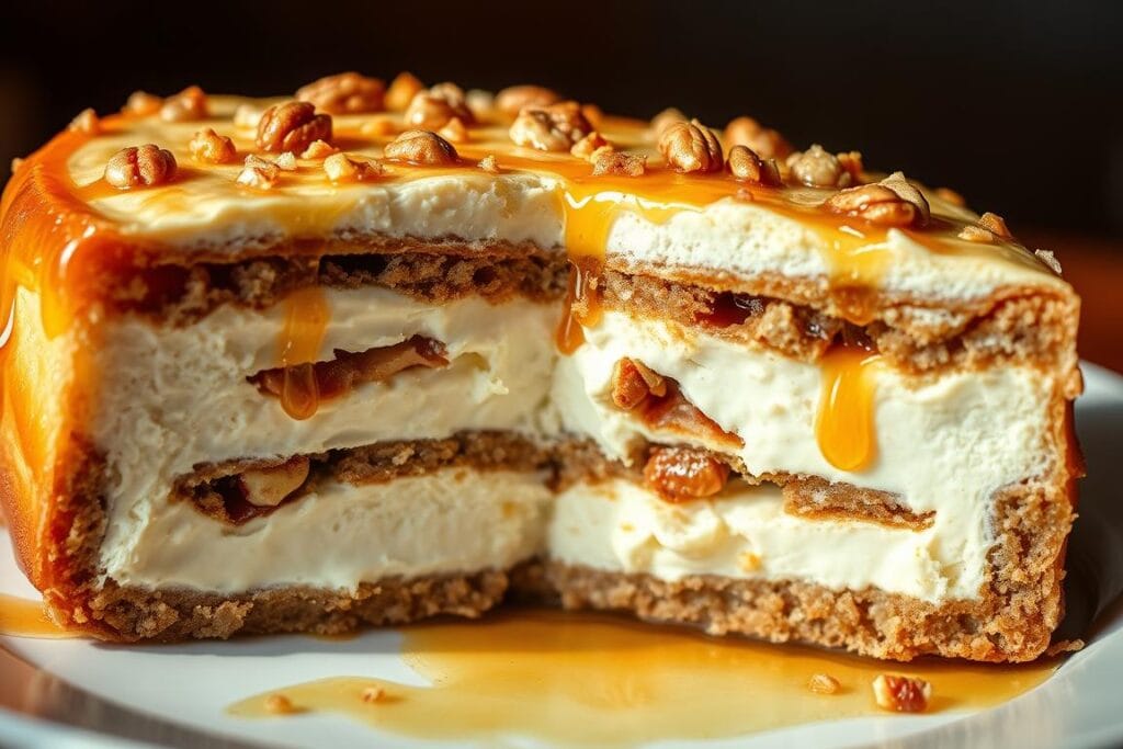 A delectable cross-section of a honey baklava cheesecake, its layers meticulously crafted. Flaky phyllo dough, drizzled with golden honey, nestled between velvety cream cheese filling. Toasted nuts add a delightful crunch, contrasting with the luscious, silky texture. Soft, warm lighting illuminates the intricate details, casting subtle shadows that accentuate the depth and complexity of this culinary masterpiece. A high-angle shot showcases the elegant plating, where each layer is visible in harmonious proportion, inviting the viewer to savor this heavenly fusion of flavors and textures. A delectable cross-section of a honey baklava cheesecake, its layers meticulously crafted. Flaky phyllo dough, drizzled with golden honey, nestled between velvety cream cheese filling. Toasted nuts add a delightful crunch, contrasting with the luscious, silky texture. Soft, warm lighting illuminates the intricate details, casting subtle shadows that accentuate the depth and complexity of this culinary masterpiece. A high-angle shot showcases the elegant plating, where each layer is visible in harmonious proportion, inviting the viewer to savor this heavenly fusion of flavors and textures.