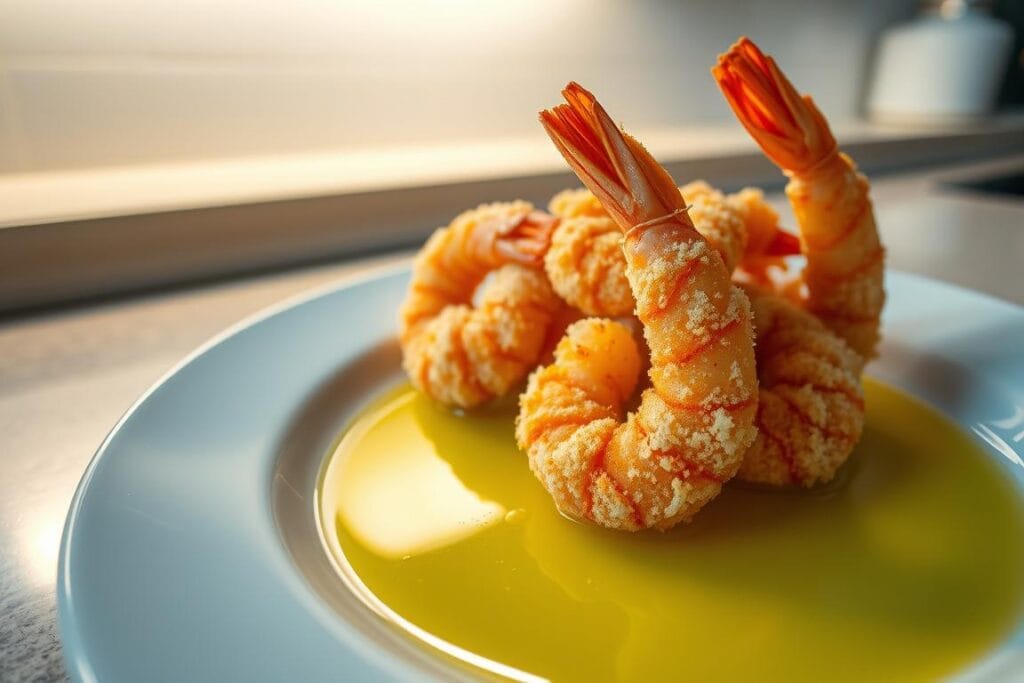 A delectable dish of perfectly crispy panko-coated shrimp, sizzling in a pool of golden oil, resting atop a white porcelain plate. The shrimp glisten under a warm, soft lighting, casting gentle shadows that accentuate their succulent forms. In the background, a minimalist kitchen countertop provides a clean, uncluttered backdrop, allowing the shrimp to take center stage. The overall scene exudes a mouthwatering, appetizing atmosphere, inviting the viewer to indulge in this flavorful panko shrimp recipe. A delectable dish of perfectly crispy panko-coated shrimp, sizzling in a pool of golden oil, resting atop a white porcelain plate. The shrimp glisten under a warm, soft lighting, casting gentle shadows that accentuate their succulent forms. In the background, a minimalist kitchen countertop provides a clean, uncluttered backdrop, allowing the shrimp to take center stage. The overall scene exudes a mouthwatering, appetizing atmosphere, inviting the viewer to indulge in this flavorful panko shrimp recipe.