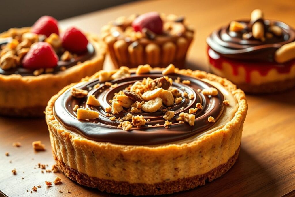 A delectable display of Nutter Butter pie flavor variations, showcasing an array of creative and decadent interpretations. In the foreground, a luscious peanut butter cream pie with a golden, buttery crust, topped with swirls of rich chocolate ganache and a scattering of crushed Nutter Butter cookies. To the side, a vibrant raspberry-infused version, its ruby-red filling contrasting beautifully with the crumbly, nutty base. In the background, a trio of miniature Nutter Butter pies in diverse flavors - caramel-drizzled, toasted coconut, and a tantalizing apple pie-inspired rendition. Soft, warm lighting casts a cozy glow, highlighting the intricate textures and mouthwatering details of this decadent Nutter Butter pie showcase.