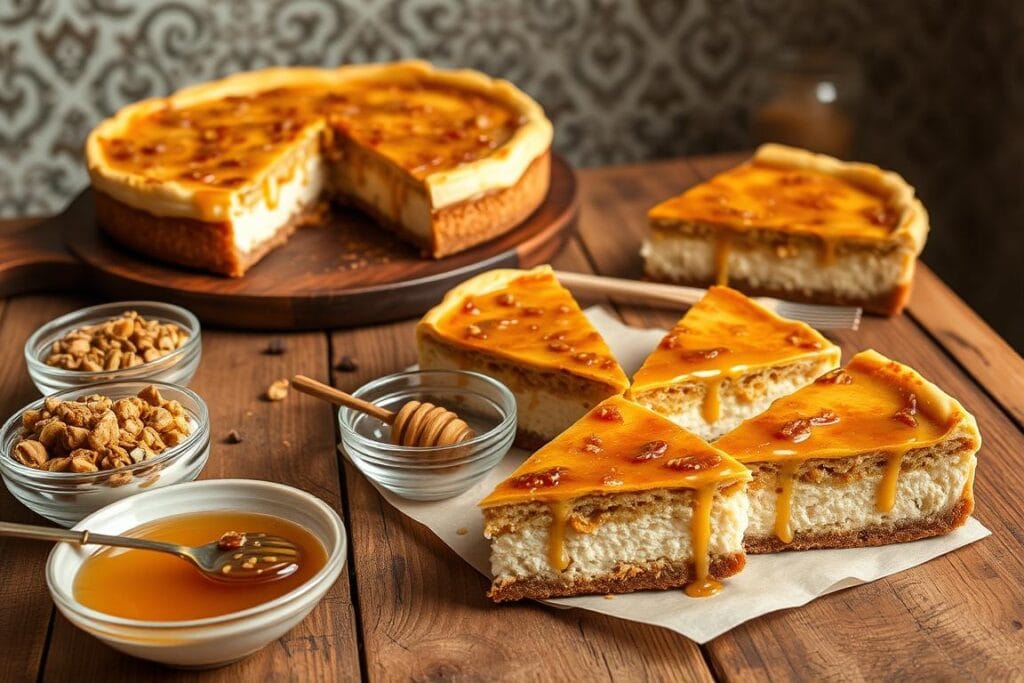 A delectable display of baklava cheesecake pairings, captured in a warm, inviting atmosphere. On a rustic wooden table, slices of rich, creamy cheesecake with a golden, flaky baklava crust are artfully arranged, accompanied by small bowls of honeyed pistachios, crushed walnuts, and a drizzle of fragrant honey. Soft, diffused lighting casts a gentle glow, highlighting the intricate layers and textures of this decadent fusion dessert. In the background, a subtle pattern of filigreed tiles or ornate wallpaper adds a touch of Middle Eastern elegance, setting the stage for this harmonious pairing of classic flavors. A delectable display of baklava cheesecake pairings, captured in a warm, inviting atmosphere. On a rustic wooden table, slices of rich, creamy cheesecake with a golden, flaky baklava crust are artfully arranged, accompanied by small bowls of honeyed pistachios, crushed walnuts, and a drizzle of fragrant honey. Soft, diffused lighting casts a gentle glow, highlighting the intricate layers and textures of this decadent fusion dessert. In the background, a subtle pattern of filigreed tiles or ornate wallpaper adds a touch of Middle Eastern elegance, setting the stage for this harmonious pairing of classic flavors.