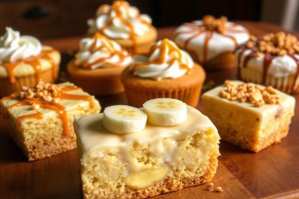 A delectable display of banana pudding poke cake variations, captured in warm, natural lighting. In the foreground, a mouthwatering slice reveals creamy custard, fresh bananas, and a crumbled cookie base. In the middle ground, an array of poke cakes in different shapes and sizes, each with a unique topping - whipped cream, caramel drizzle, crushed nuts. The background features a rustic wooden table, complemented by a soft, inviting atmosphere. The overall scene evokes a sense of homemade comfort and indulgence, perfectly showcasing the delicious versatility of this beloved dessert. A delectable display of banana pudding poke cake variations, captured in warm, natural lighting. In the foreground, a mouthwatering slice reveals creamy custard, fresh bananas, and a crumbled cookie base. In the middle ground, an array of poke cakes in different shapes and sizes, each with a unique topping - whipped cream, caramel drizzle, crushed nuts. The background features a rustic wooden table, complemented by a soft, inviting atmosphere. The overall scene evokes a sense of homemade comfort and indulgence, perfectly showcasing the delicious versatility of this beloved dessert.