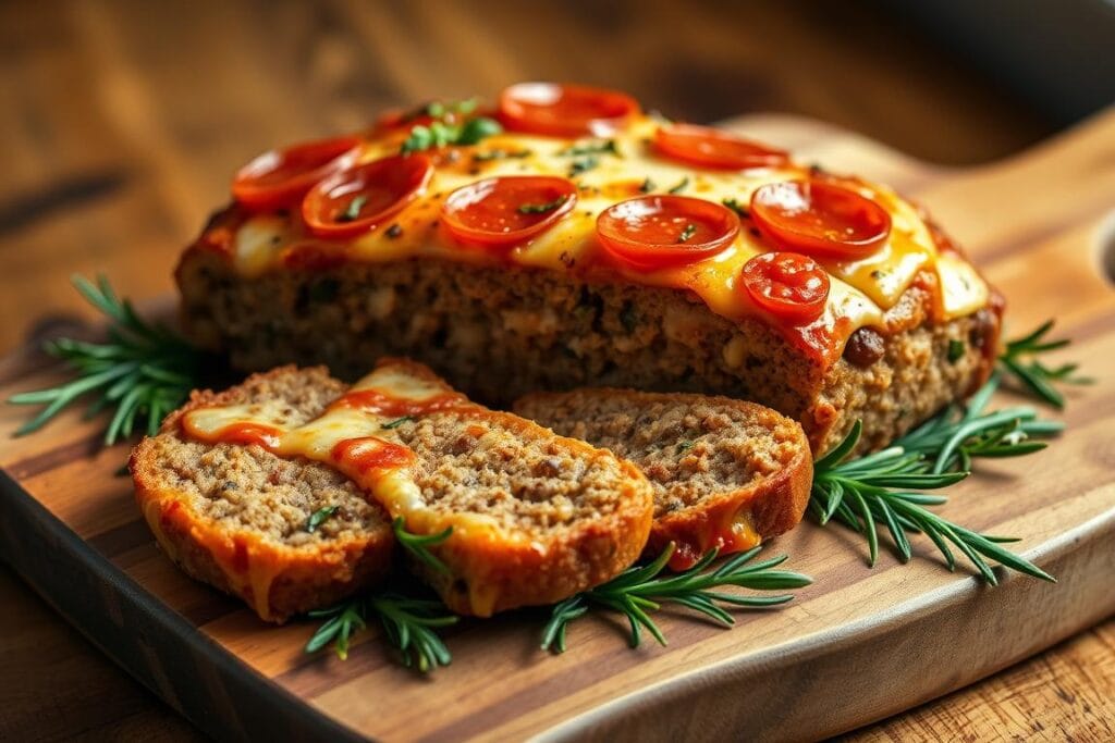 A delectable pizza meatloaf, freshly baked and presented on a rustic wooden cutting board. The golden-brown crust is adorned with gooey, melted cheese, pepperoni slices, and a drizzle of tangy marinara sauce. The meatloaf, sliced into thick, juicy portions, rests atop a bed of crisp, fresh rosemary sprigs. Warm, soft lighting casts a cozy glow, highlighting the dish's savory aroma and inviting texture. The overall composition evokes a sense of comfort, showcasing the hearty and satisfying nature of this unique culinary creation. A delectable pizza meatloaf, freshly baked and presented on a rustic wooden cutting board. The golden-brown crust is adorned with gooey, melted cheese, pepperoni slices, and a drizzle of tangy marinara sauce. The meatloaf, sliced into thick, juicy portions, rests atop a bed of crisp, fresh rosemary sprigs. Warm, soft lighting casts a cozy glow, highlighting the dish's savory aroma and inviting texture. The overall composition evokes a sense of comfort, showcasing the hearty and satisfying nature of this unique culinary creation.