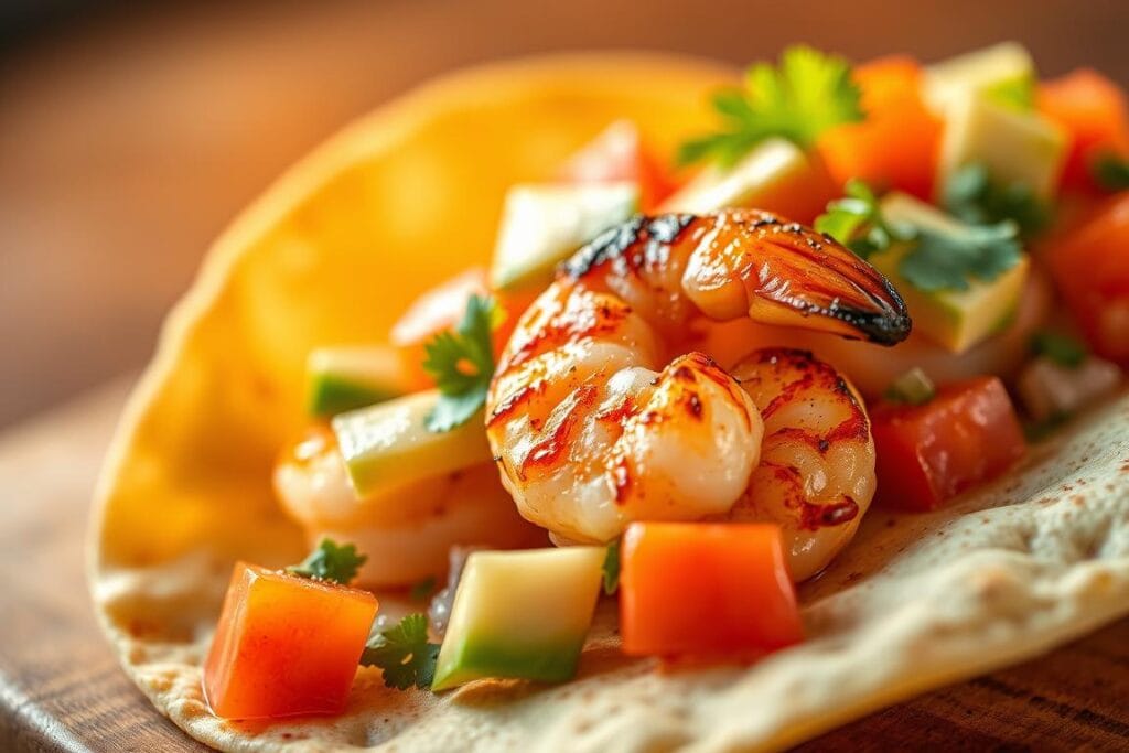 A delectable shrimp taco, nestled on a soft corn tortilla and garnished with vibrant toppings. The shrimp are perfectly seared, glistening under warm, golden lighting that casts a cozy ambiance. Slices of ripe avocado, diced tomatoes, and a sprinkle of cilantro add bursts of color and fresh flavors. The taco is lightly dusted with a blend of spices, hinting at the mouthwatering combination of savory, zesty, and subtly sweet notes to come. An inviting, close-up composition that showcases the dish's irresistible texture and tempting appearance, captured with a shallow depth of field that draws the eye to the delicious centerpiece. A delectable shrimp taco, nestled on a soft corn tortilla and garnished with vibrant toppings. The shrimp are perfectly seared, glistening under warm, golden lighting that casts a cozy ambiance. Slices of ripe avocado, diced tomatoes, and a sprinkle of cilantro add bursts of color and fresh flavors. The taco is lightly dusted with a blend of spices, hinting at the mouthwatering combination of savory, zesty, and subtly sweet notes to come. An inviting, close-up composition that showcases the dish's irresistible texture and tempting appearance, captured with a shallow depth of field that draws the eye to the delicious centerpiece.