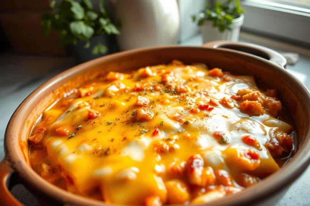 A delectable sour cream chicken enchilada casserole, freshly baked in a rustic earthenware dish, glistens under warm, natural lighting. The creamy, tangy filling is layered between soft corn tortillas, blanketed in a vibrant, chile-infused sauce and melted cheese. Diced chicken, sautéed onions, and fragrant spices create a comforting, homemade aroma. The casserole is set against a backdrop of a cozy kitchen counter, with minimalist decor and a potted herb plant nearby, conveying a sense of effortless, make-ahead ease. The overall mood is inviting, appetizing, and ready to be enjoyed. A delectable sour cream chicken enchilada casserole, freshly baked in a rustic earthenware dish, glistens under warm, natural lighting. The creamy, tangy filling is layered between soft corn tortillas, blanketed in a vibrant, chile-infused sauce and melted cheese. Diced chicken, sautéed onions, and fragrant spices create a comforting, homemade aroma. The casserole is set against a backdrop of a cozy kitchen counter, with minimalist decor and a potted herb plant nearby, conveying a sense of effortless, make-ahead ease. The overall mood is inviting, appetizing, and ready to be enjoyed.