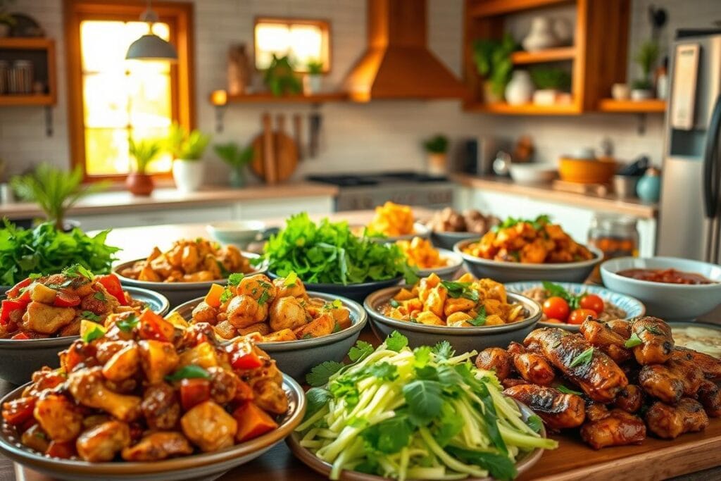 A delectable spread of Asian-inspired chicken dishes, photographed in a warm, inviting kitchen setting. The foreground showcases a variety of aromatic chicken recipes, including sizzling stir-fries, fragrant curries, and succulent baked or grilled preparations. The middle ground features an assortment of fresh ingredients, such as vibrant vegetables, fragrant herbs, and savory sauces, complementing the chicken dishes. The background depicts a cozy, contemporary kitchen, with natural lighting filtering through large windows, casting a soft, golden glow over the scene. The overall atmosphere evokes a sense of culinary exploration and the comfort of a well-prepared, wholesome meal. A delectable spread of Asian-inspired chicken dishes, photographed in a warm, inviting kitchen setting. The foreground showcases a variety of aromatic chicken recipes, including sizzling stir-fries, fragrant curries, and succulent baked or grilled preparations. The middle ground features an assortment of fresh ingredients, such as vibrant vegetables, fragrant herbs, and savory sauces, complementing the chicken dishes. The background depicts a cozy, contemporary kitchen, with natural lighting filtering through large windows, casting a soft, golden glow over the scene. The overall atmosphere evokes a sense of culinary exploration and the comfort of a well-prepared, wholesome meal.