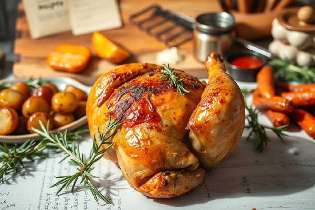 A delectable still life of mouthwatering roasted chicken recipes. In the foreground, a juicy, golden-brown roasted chicken quarter, glistening with crispy skin, garnished with fresh sprigs of rosemary. In the middle ground, a scatter of roasted potatoes and glazed carrots, their caramelized surfaces reflecting the warm, soft lighting. In the background, a rustic wooden cutting board with an assortment of recipe cards, spices, and kitchen utensils, evoking a cozy, homemade ambiance. The scene is bathed in a soft, natural light, casting gentle shadows and highlighting the textures and colors of the dishes. The overall mood is one of inviting, comforting abundance, perfectly capturing the essence of making the most of delicious roasted chicken leftovers. A delectable still life of mouthwatering roasted chicken recipes. In the foreground, a juicy, golden-brown roasted chicken quarter, glistening with crispy skin, garnished with fresh sprigs of rosemary. In the middle ground, a scatter of roasted potatoes and glazed carrots, their caramelized surfaces reflecting the warm, soft lighting. In the background, a rustic wooden cutting board with an assortment of recipe cards, spices, and kitchen utensils, evoking a cozy, homemade ambiance. The scene is bathed in a soft, natural light, casting gentle shadows and highlighting the textures and colors of the dishes. The overall mood is one of inviting, comforting abundance, perfectly capturing the essence of making the most of delicious roasted chicken leftovers.
