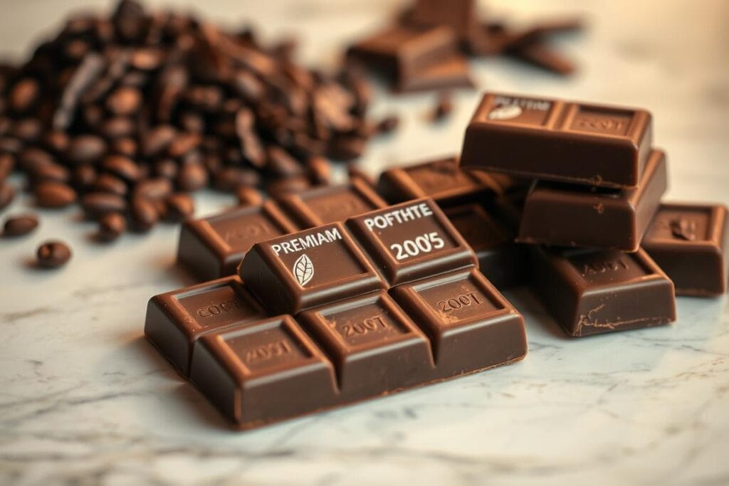A delicate arrangement of premium chocolate bars, glistening with a subtle sheen, rests upon a marble counter. The warm, diffused lighting casts a soft, inviting glow, highlighting the rich, velvety texture of the chocolate. In the background, a carefully curated selection of cocoa beans and shaved chocolate shards evokes the decadence and complexity of the fudge-making process. The overall composition conveys a sense of artisanal craftsmanship and the indulgent pleasure of choosing the finest ingredients for a truly exceptional homemade confection.