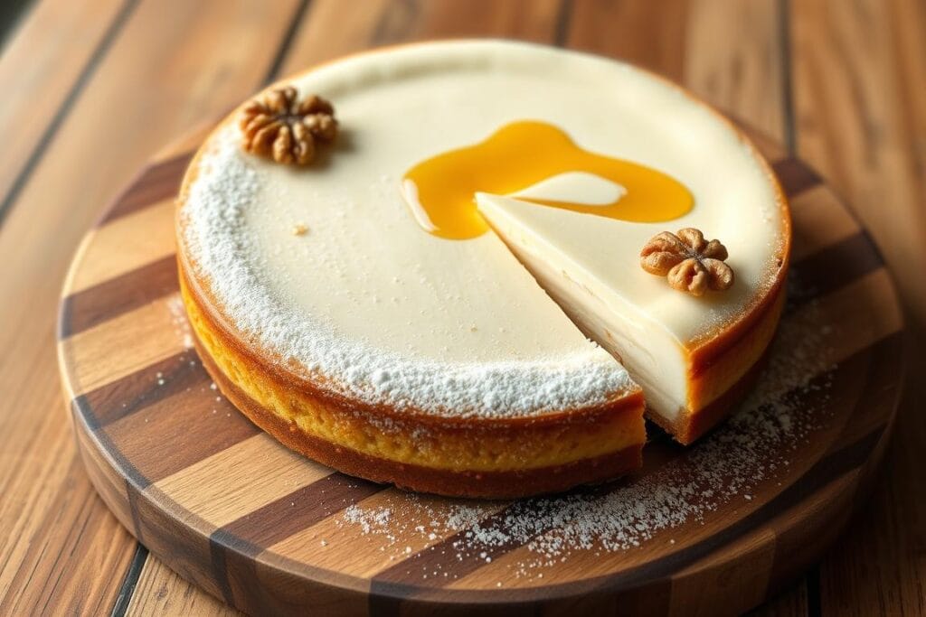A delicate homemade cheesecake sits elegantly on a wooden serving platter, its smooth creamy surface adorned with a drizzle of golden honey. Sliced wedges reveal the luscious interior, while walnuts and a dusting of powdered sugar add visual interest and textural contrast. The cheesecake is presented in natural lighting, captured at a high angle with a shallow depth of field, creating a soft, inviting atmosphere. The image evokes a sense of artisanal craftsmanship and culinary sophistication, perfectly suited to complement the "Presentation and Serving Suggestions" section of the "Honey Baklava Cheesecake: A Heavenly Fusion" article. A delicate homemade cheesecake sits elegantly on a wooden serving platter, its smooth creamy surface adorned with a drizzle of golden honey. Sliced wedges reveal the luscious interior, while walnuts and a dusting of powdered sugar add visual interest and textural contrast. The cheesecake is presented in natural lighting, captured at a high angle with a shallow depth of field, creating a soft, inviting atmosphere. The image evokes a sense of artisanal craftsmanship and culinary sophistication, perfectly suited to complement the "Presentation and Serving Suggestions" section of the "Honey Baklava Cheesecake: A Heavenly Fusion" article.