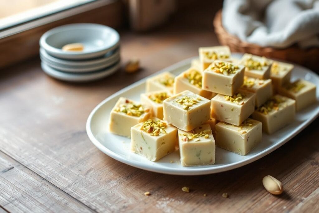 A delicately arranged platter showcases elegant pistachio fudge. The fudge cubes, meticulously crafted, are adorned with a light dusting of crushed pistachios, creating a visually striking contrast. The presentation is set against a backdrop of a rustic wooden table, with natural lighting gently illuminating the scene. The overall composition exudes a sense of refined simplicity, inviting the viewer to indulge in the rich, creamy texture and the subtle nutty flavor of the pistachio fudge. The image captures the essence of the "Serving Suggestions and Presentation Ideas" section, inspiring readers to elevate their pistachio fudge experience. A delicately arranged platter showcases elegant pistachio fudge. The fudge cubes, meticulously crafted, are adorned with a light dusting of crushed pistachios, creating a visually striking contrast. The presentation is set against a backdrop of a rustic wooden table, with natural lighting gently illuminating the scene. The overall composition exudes a sense of refined simplicity, inviting the viewer to indulge in the rich, creamy texture and the subtle nutty flavor of the pistachio fudge. The image captures the essence of the "Serving Suggestions and Presentation Ideas" section, inspiring readers to elevate their pistachio fudge experience.