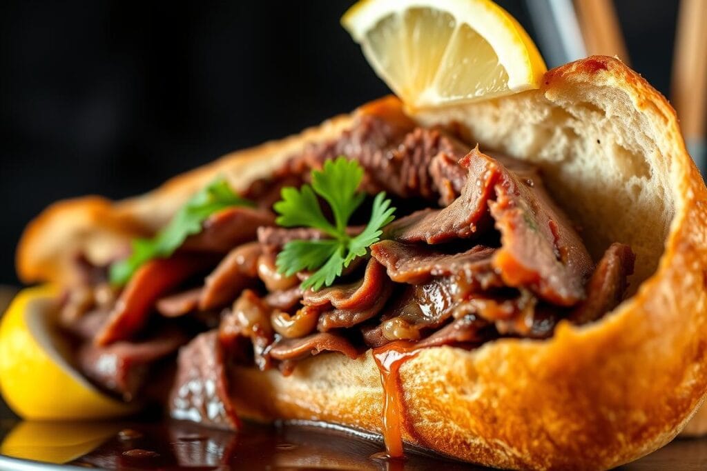 A delicious French dip sandwich, its crusty baguette brimming with slices of juicy, slow-roasted beef. The beef glistens under warm, soft lighting, inviting a savory dip into the rich, meaty au jus. Crisp, golden-brown edges frame the sandwich, hinting at the satisfying crunch with every bite. Vibrant, fresh garnishes like parsley and a wedge of lemon add a touch of brightness, complementing the hearty flavors. The scene is captured from a dramatic low angle, emphasizing the sandwich's impressive size and craftsmanship. An artful, mouthwatering representation of a classic comfort food favorite. A delicious French dip sandwich, its crusty baguette brimming with slices of juicy, slow-roasted beef. The beef glistens under warm, soft lighting, inviting a savory dip into the rich, meaty au jus. Crisp, golden-brown edges frame the sandwich, hinting at the satisfying crunch with every bite. Vibrant, fresh garnishes like parsley and a wedge of lemon add a touch of brightness, complementing the hearty flavors. The scene is captured from a dramatic low angle, emphasizing the sandwich's impressive size and craftsmanship. An artful, mouthwatering representation of a classic comfort food favorite.