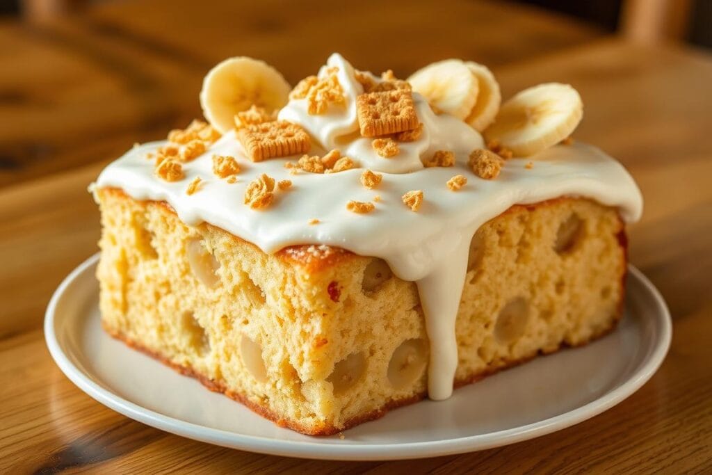 A delicious banana pudding poke cake, freshly baked, sits on a wooden table. The moist cake is dotted with pokes, filled with a rich custard-like banana pudding. Whipped cream topping cascades over the edges, while a dusting of crushed vanilla wafers and sliced bananas accent the dessert. Soft, warm lighting casts a golden glow, highlighting the cake's luscious textures. The scene evokes a sense of comfort and indulgence, inviting the viewer to dive into this irresistible homemade treat. A delicious banana pudding poke cake, freshly baked, sits on a wooden table. The moist cake is dotted with pokes, filled with a rich custard-like banana pudding. Whipped cream topping cascades over the edges, while a dusting of crushed vanilla wafers and sliced bananas accent the dessert. Soft, warm lighting casts a golden glow, highlighting the cake's luscious textures. The scene evokes a sense of comfort and indulgence, inviting the viewer to dive into this irresistible homemade treat.