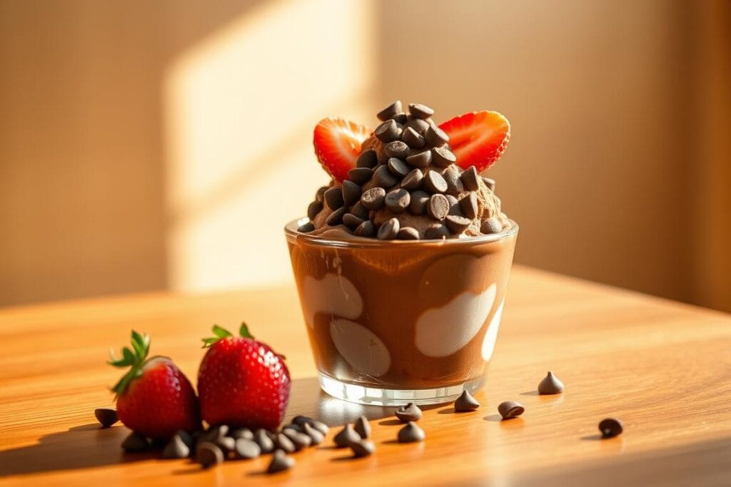 A delightful, artfully presented nice cream sundae sits atop a wooden table, lit by warm, natural sunlight. In the foreground, a scoop of luscious chocolate nice cream is topped with ripe, juicy strawberries and a sprinkling of rich, semi-sweet chocolate chips. The middle ground showcases the smooth, creamy texture of the nice cream, while the background features a simple, minimalist setting, allowing the sundae to be the star of the scene. The overall mood is one of indulgence and healthy, wholesome satisfaction. A delightful, artfully presented nice cream sundae sits atop a wooden table, lit by warm, natural sunlight. In the foreground, a scoop of luscious chocolate nice cream is topped with ripe, juicy strawberries and a sprinkling of rich, semi-sweet chocolate chips. The middle ground showcases the smooth, creamy texture of the nice cream, while the background features a simple, minimalist setting, allowing the sundae to be the star of the scene. The overall mood is one of indulgence and healthy, wholesome satisfaction.