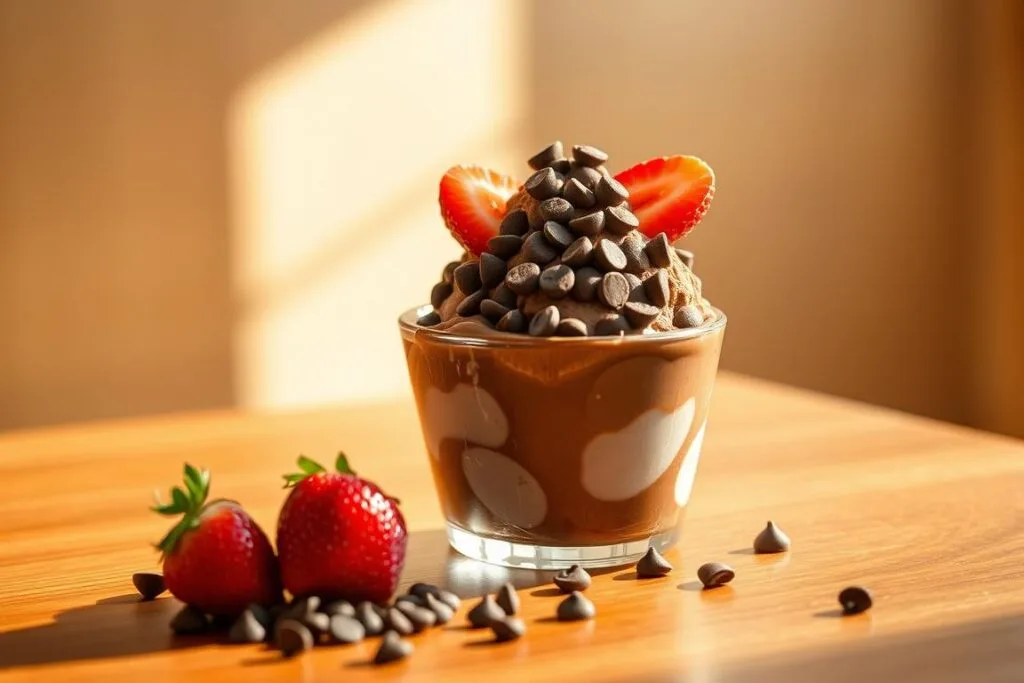 A delightful, artfully presented nice cream sundae sits atop a wooden table, lit by warm, natural sunlight. In the foreground, a scoop of luscious chocolate nice cream is topped with ripe, juicy strawberries and a sprinkling of rich, semi-sweet chocolate chips. The middle ground showcases the smooth, creamy texture of the nice cream, while the background features a simple, minimalist setting, allowing the sundae to be the star of the scene. The overall mood is one of indulgence and healthy, wholesome satisfaction. A delightful, artfully presented nice cream sundae sits atop a wooden table, lit by warm, natural sunlight. In the foreground, a scoop of luscious chocolate nice cream is topped with ripe, juicy strawberries and a sprinkling of rich, semi-sweet chocolate chips. The middle ground showcases the smooth, creamy texture of the nice cream, while the background features a simple, minimalist setting, allowing the sundae to be the star of the scene. The overall mood is one of indulgence and healthy, wholesome satisfaction.
