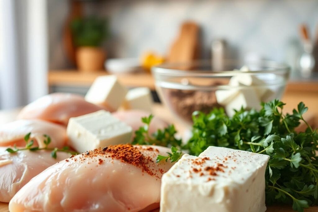 A delightful assortment of ingredients against a soft, out-of-focus background. In the foreground, ripe chicken breasts, creamy blocks of cream cheese, and a sprinkling of fresh herbs. In the middle ground, a glass bowl filled with savory spices and seasonings, their rich hues complementing the vibrant whites and greens. The background is a warm, cozy kitchen, with gentle natural lighting filtering through a nearby window, casting a comforting glow over the scene. The mood is one of inviting simplicity, beckoning the viewer to imagine the delicious baked chicken dish that will soon emerge from this harmonious collection of flavors. A delightful assortment of ingredients against a soft, out-of-focus background. In the foreground, ripe chicken breasts, creamy blocks of cream cheese, and a sprinkling of fresh herbs. In the middle ground, a glass bowl filled with savory spices and seasonings, their rich hues complementing the vibrant whites and greens. The background is a warm, cozy kitchen, with gentle natural lighting filtering through a nearby window, casting a comforting glow over the scene. The mood is one of inviting simplicity, beckoning the viewer to imagine the delicious baked chicken dish that will soon emerge from this harmonious collection of flavors.