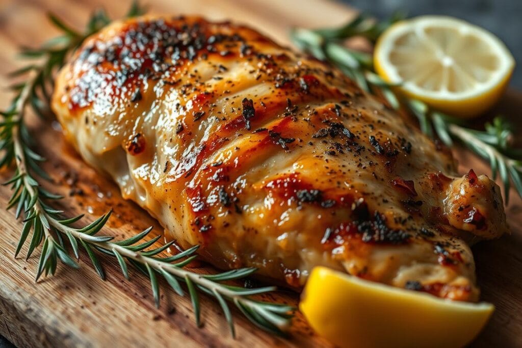 A detailed, mouthwatering close-up photograph of a freshly baked, golden-brown chicken breast, seasoned to perfection with a blend of herbs and spices. The chicken is positioned on a rustic, wooden cutting board, surrounded by a few sprigs of rosemary and a lemon wedge, creating a natural, appetizing scene. The image is lit with soft, warm lighting, casting subtle shadows and highlighting the succulent texture of the chicken. The camera angle is slightly elevated, creating a sense of depth and making the dish appear inviting and ready to be served. A detailed, mouthwatering close-up photograph of a freshly baked, golden-brown chicken breast, seasoned to perfection with a blend of herbs and spices. The chicken is positioned on a rustic, wooden cutting board, surrounded by a few sprigs of rosemary and a lemon wedge, creating a natural, appetizing scene. The image is lit with soft, warm lighting, casting subtle shadows and highlighting the succulent texture of the chicken. The camera angle is slightly elevated, creating a sense of depth and making the dish appear inviting and ready to be served.